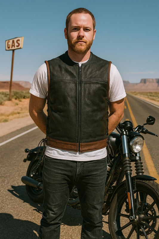Men's Black Leather Biker Vest with Brown Trim – Zipper Front & Side Laces