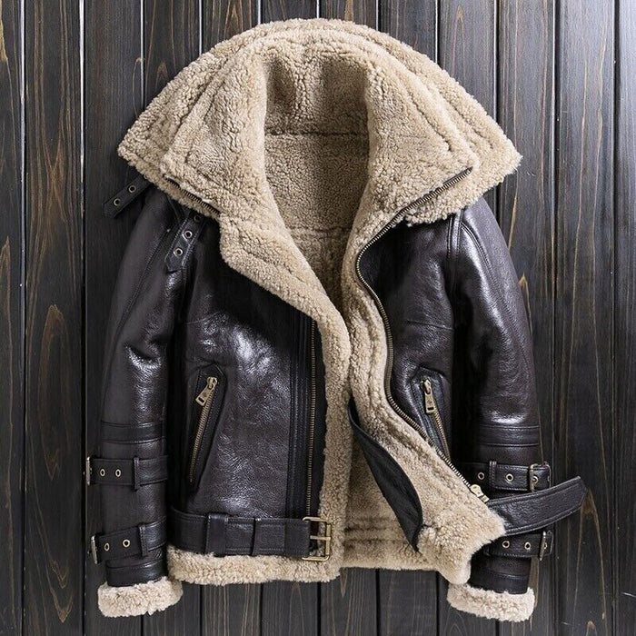 Men’s Sheepskin Brown Shearling Leather Jacket – Vintage Aviator B3 Bomber Jacket with Fur Lining