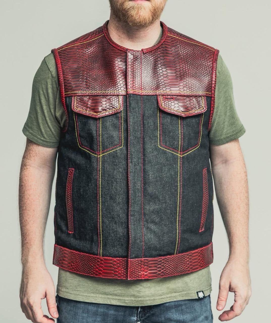 Men's Red Python Snake Leather & Black Denim Biker Vest – Exotic Reptile Pattern, Streetwear Style