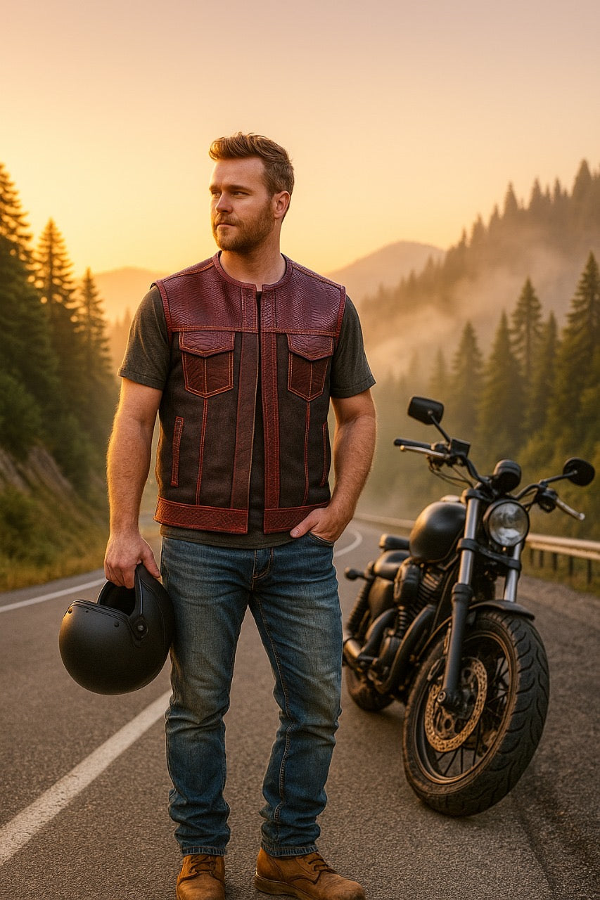 Men's Red Python Snake Leather & Black Denim Biker Vest – Exotic Reptile Pattern, Streetwear Style