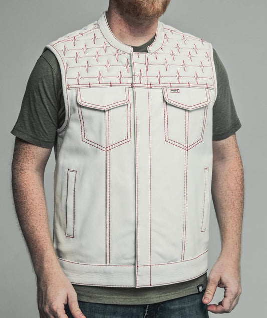 Men’s White Biker Leather Vest with Red Heartbeat Embroidery – Genuine Leather Statement Piece