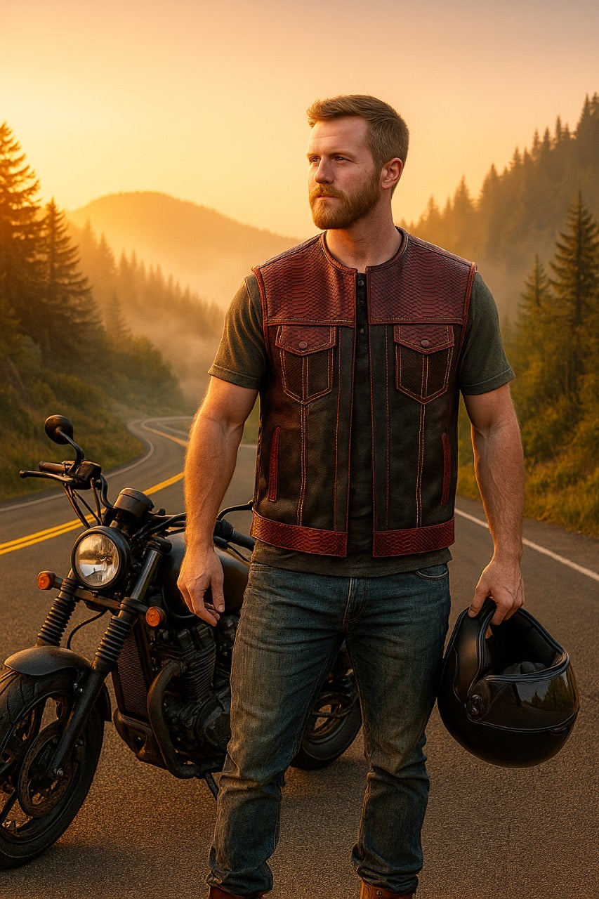 Men's Red Python Snake Leather & Black Denim Biker Vest – Exotic Reptile Pattern, Streetwear Style
