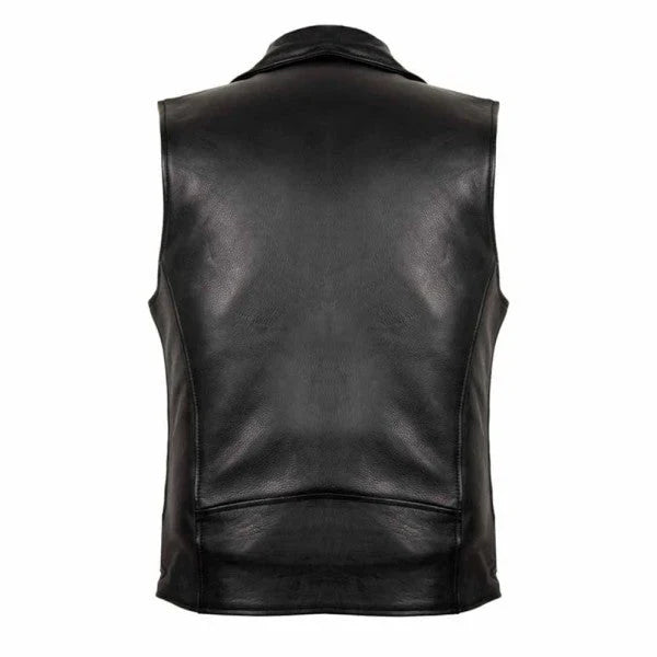 Men's black leather motorcycle vest with zipper