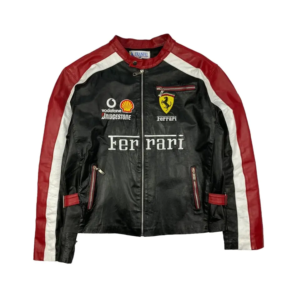 Ferrari F1 Racing Leather Jacket – Black Red White Motorsport Jacket with Logos