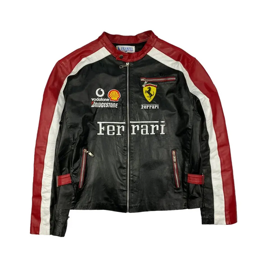 Ferrari F1 Racing Leather Jacket – Black Red White Motorsport Jacket with Logos