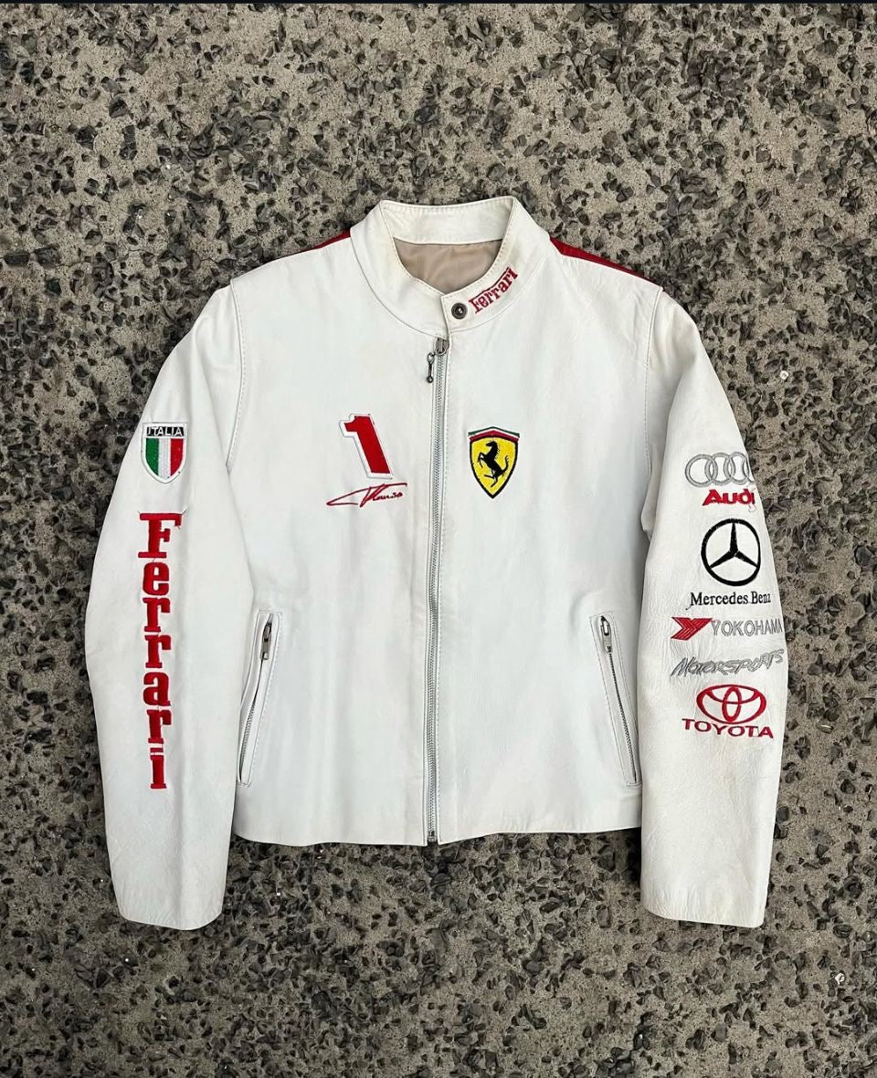 Exclusive White & Red Genuine Leather Ferrari Motorsport Racing Jacket - Multi-Sponsor Edition