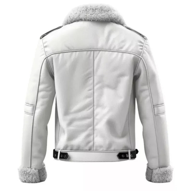 Men's Stylish White Aviator Bomber  Flying Premium Jacket Genuine Shearling Fur Real Sheepskin Leather Jacket for Winter Style