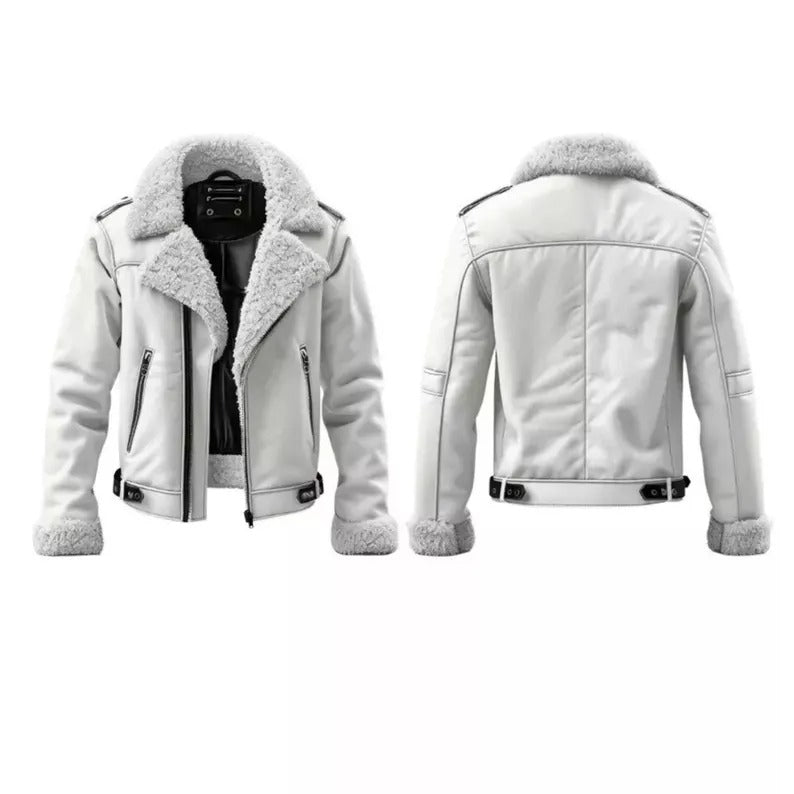 Men's Stylish White Aviator Bomber  Flying Premium Jacket Genuine Shearling Fur Real Sheepskin Leather Jacket for Winter Style